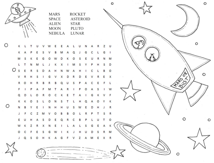 Explore space-themed spelling with this fun subtraction word search worksheet for first graders First Grade subtraction word search featuring outer space vocabulary for young learners