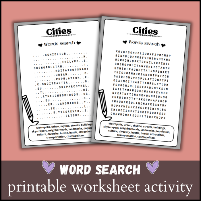 First Grade subtraction worksheet featuring a Cities Word Search to challenge geography skills