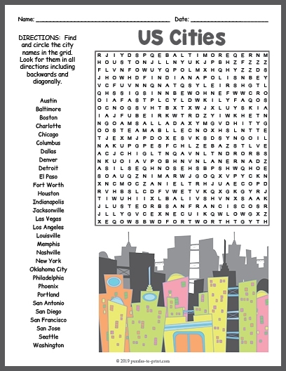 First Grade subtraction worksheet featuring a Cities Word Search to challenge geography skills