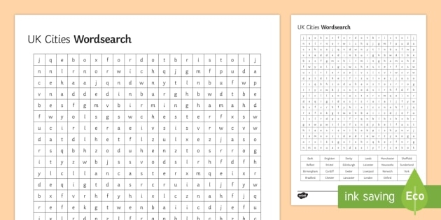 First Grade Cities Word Search worksheet featuring U.S. cities for subtraction practice