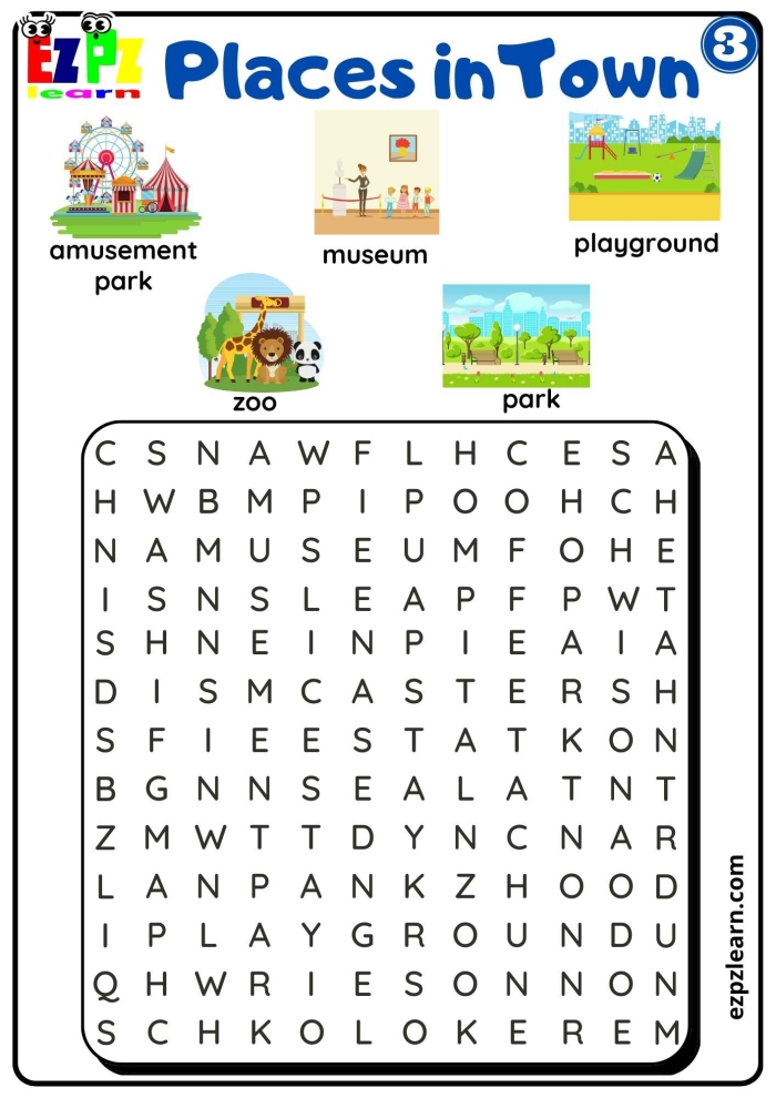 First Grade worksheet featuring a Cities Word Search to improve subtraction skills