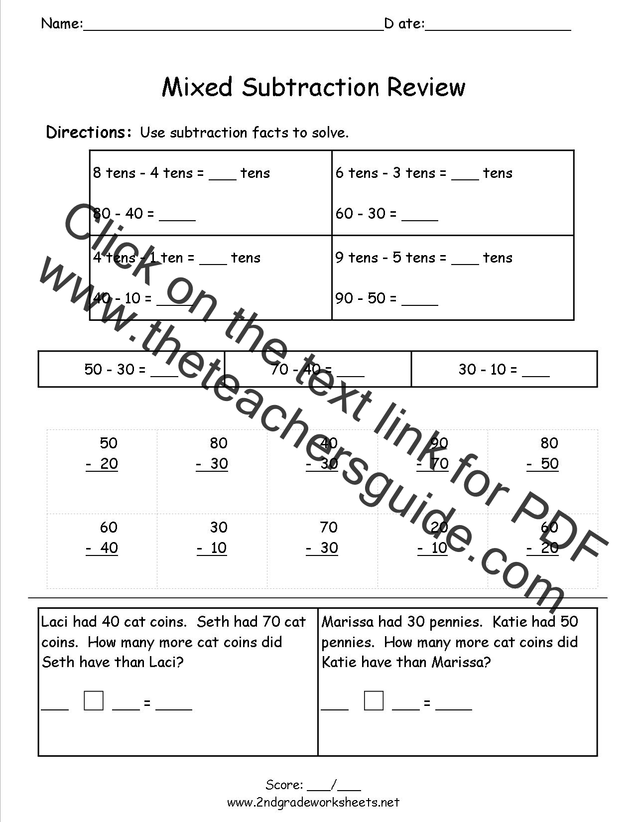 Second grader completing a subtraction within 1000 check-in worksheet with three-digit problems