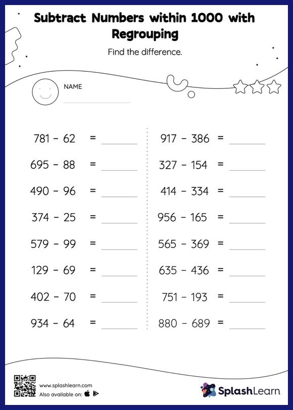 Second grader completing a subtraction within 1000 check-in worksheet with three-digit problems