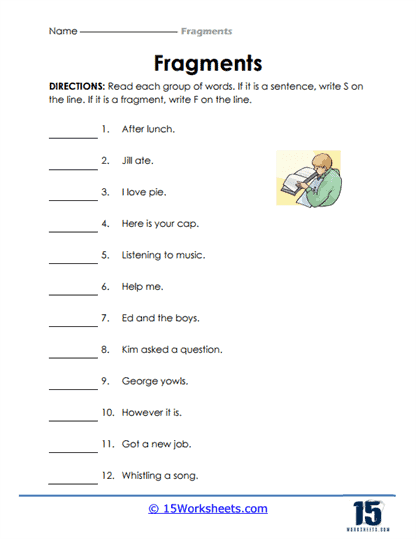 Fix the Fragments exercise for third graders with subtraction examples on worksheet 6 Third grade students working on a Fix the Fragments worksheet focused on subtraction
