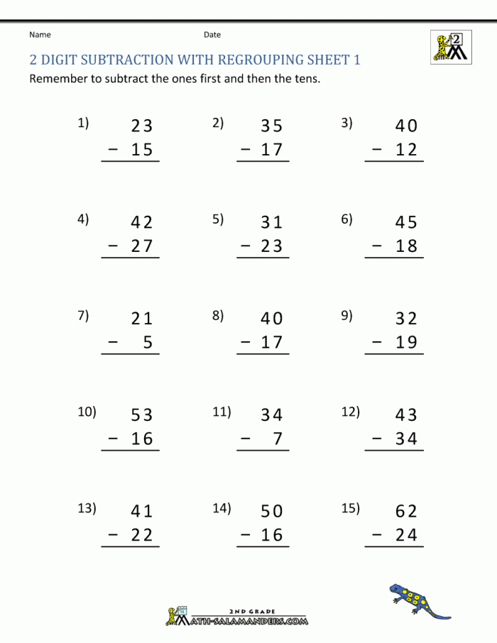 Second grade math worksheet focused on 2-digit subtraction with regrouping and a bonus word problem