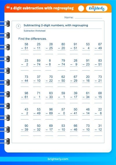 Second grade math worksheet for 2-digit subtraction with regrouping and a bonus word problem