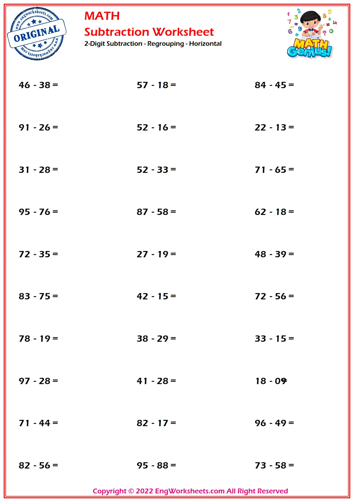 Second grade math worksheet focusing on 2-digit subtraction with regrouping and a bonus word problem