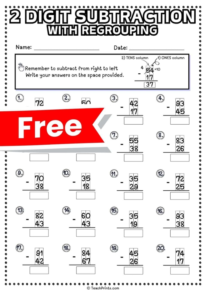 Second grade 2-digit subtraction with regrouping worksheet featuring practice problems and a bonus word question