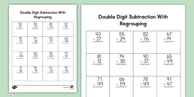 Second grade 2-digit subtraction worksheet featuring regrouping exercises and a bonus word problem