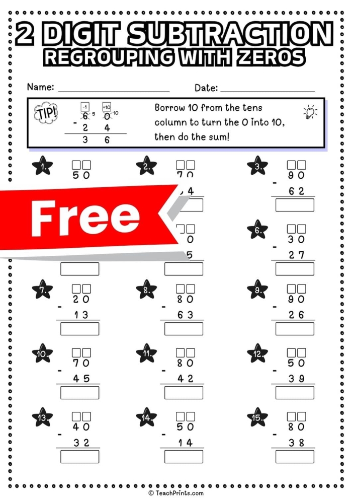Second grade 2-digit subtraction with regrouping worksheet featuring a bonus word problem