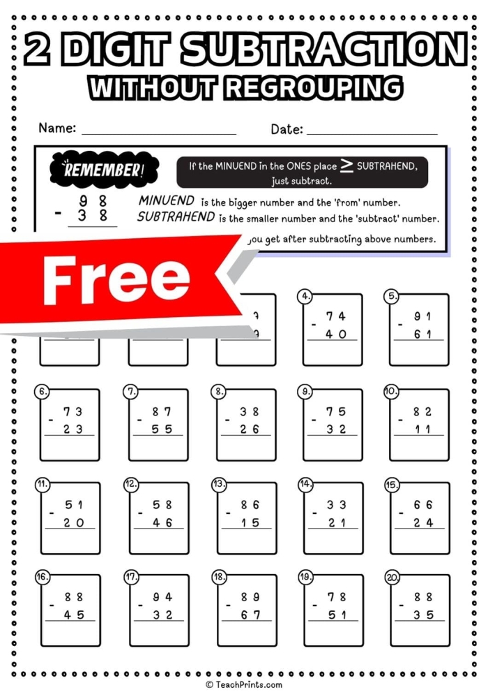 Second grade math worksheet focusing on 2-digit subtraction with regrouping and a bonus word problem
