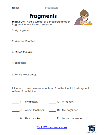 Fix the Fragments exercise on subtraction for third graders worksheet 18 Third grade student completing a Fix the Fragments worksheet focused on subtraction sentences