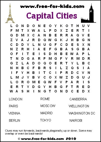 First Grade worksheet featuring a word search of U.S. cities to enhance subtraction skills