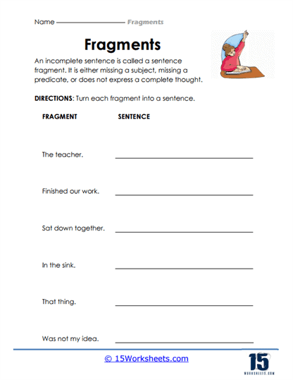 Fix the Fragments grammar exercise for third graders with subtraction examples, image 7 Third grade students working on a Fix the Fragments worksheet focused on subtraction
