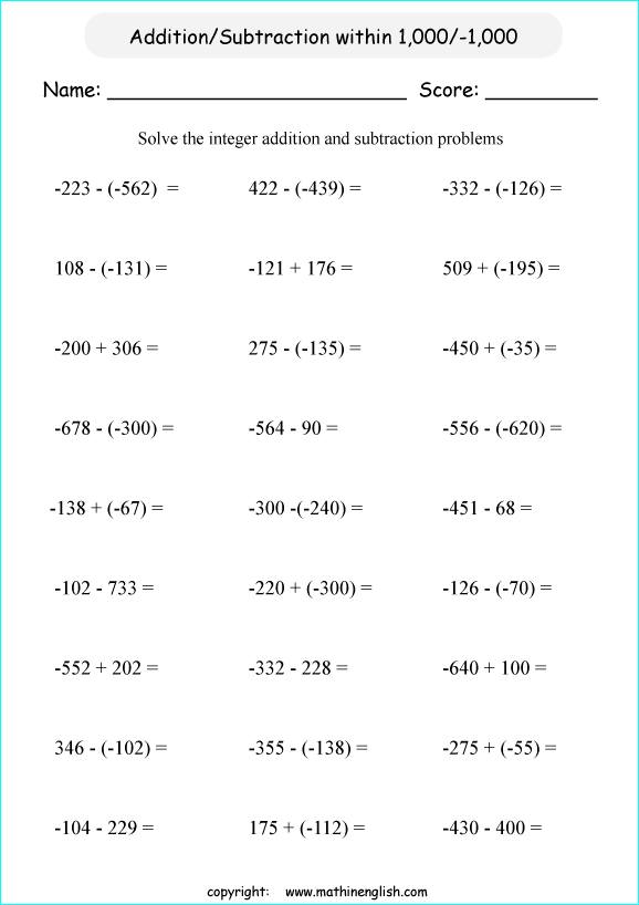 Second grader completing a subtraction within 1000 check-in worksheet with three-digit problems