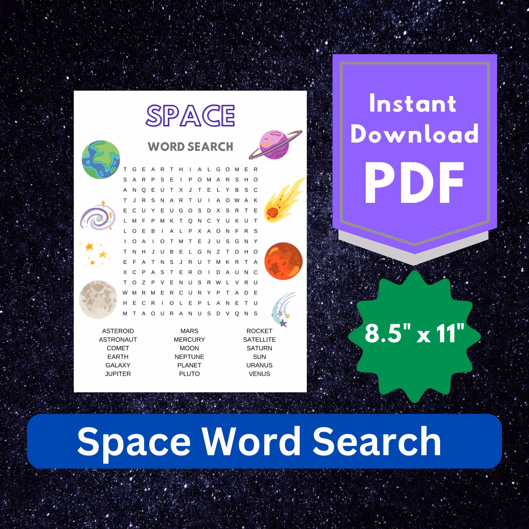Explore subtraction terms with this fun space-themed word search for young learners, image 13 First Grade Outer Space Word Search worksheet focused on subtraction vocabulary and spelling skills