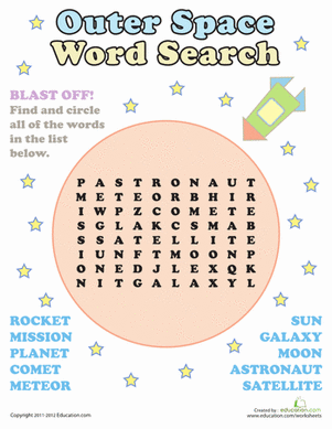Explore subtraction vocabulary with this fun Outer Space Word Search worksheet for young learners First Grade Outer Space Word Search focusing on subtraction words with a space theme