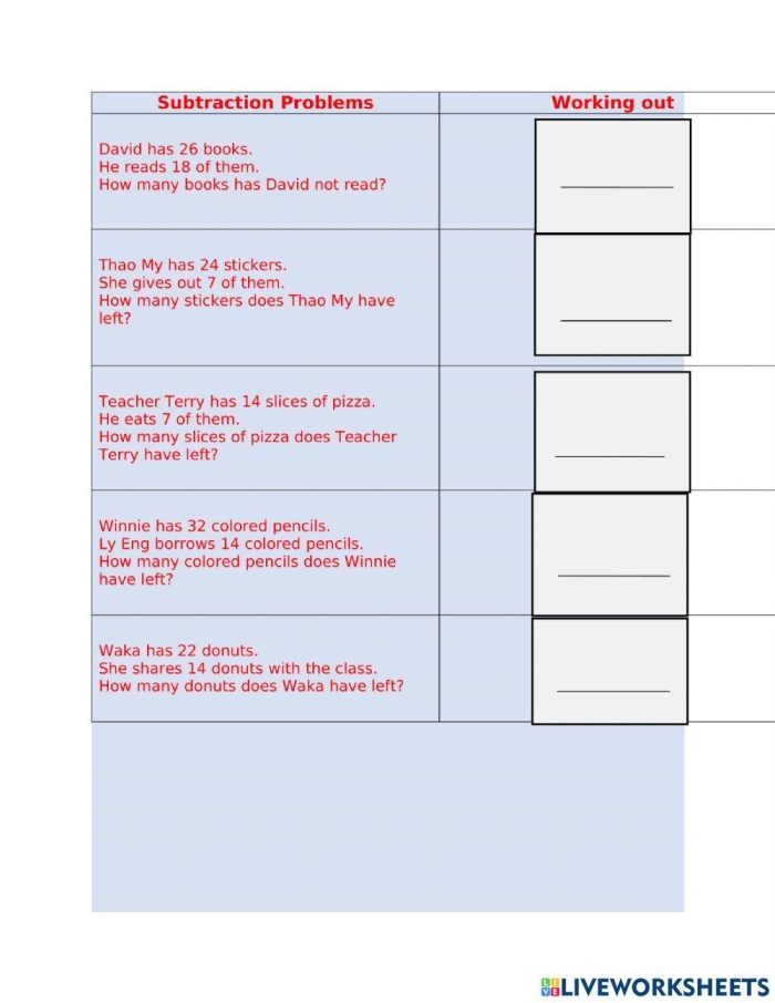 Subtraction word problem worksheet focused on time and money for third graders, image 12 Third Grade worksheet featuring school-themed word problems for subtraction practice