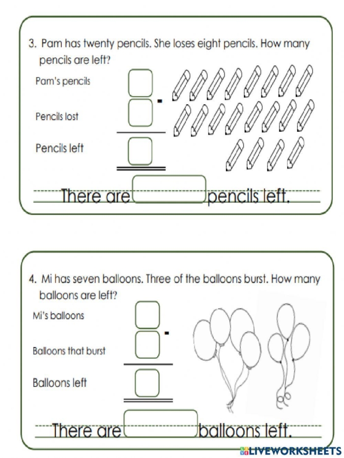 Subtraction practice worksheet for two- and three-digit problems in a school setting Third grade worksheet with subtraction word problems focused on time and money