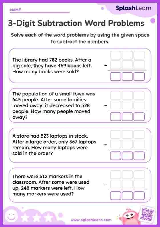 Engaging 'Subtract 'Em' worksheet for kids to practice subtraction skills Subtraction Word Problems worksheet for third graders featuring three-digit math problems