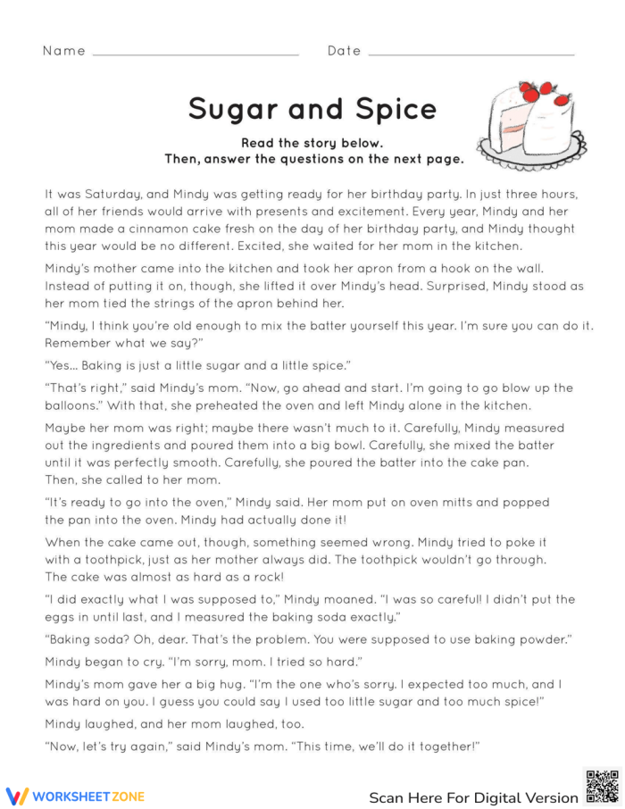 Sugar and Spice worksheet designed to enhance third graders' reading comprehension skills. Engaging activity for young learners to analyze a short story's themes and motives.