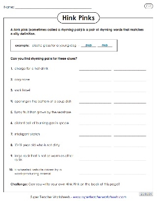Sixth grade students solving summer hink pink riddles on a colorful worksheet