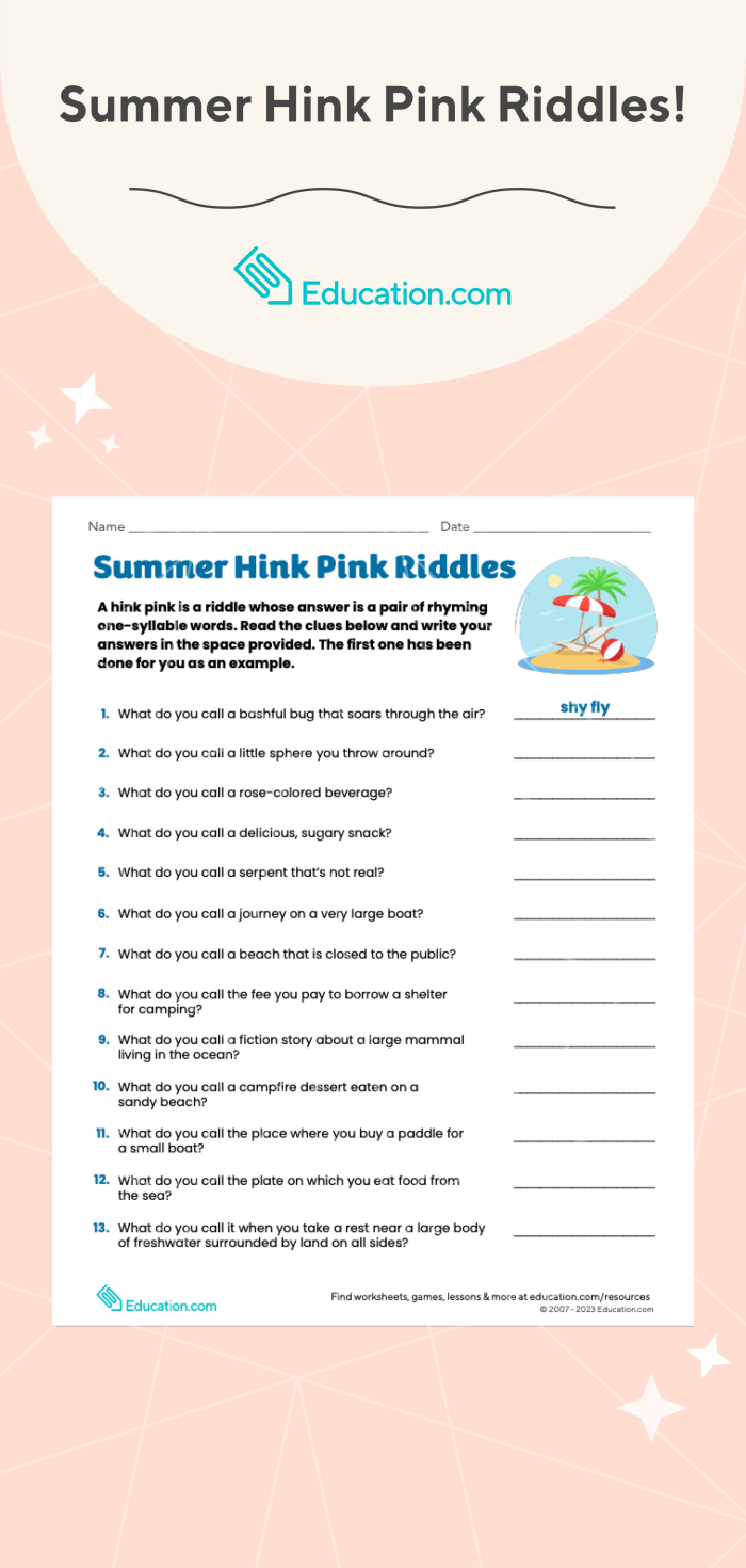 Summer-themed hink pink riddles worksheet for sixth grade reading practice