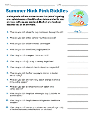 Sixth grade students solving summer-themed hink pink riddles on a worksheet