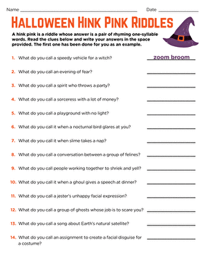 Summer-themed hink pink riddles worksheet for sixth grade reading practice
