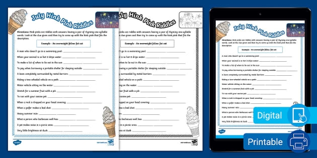 Summer-themed hink pink riddles worksheet for sixth grade reading activities