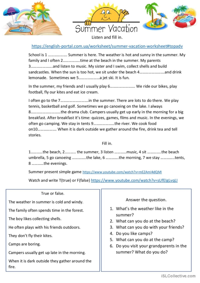 Paragraph frame activity for summarizing a family camping trip in first grade multiplication practice First Grade Summer Vacation worksheet showing a paragraph frame for retelling a camping story