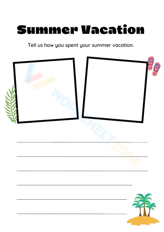 Summer Vacation worksheet for practicing story retelling using a guided paragraph frame First Grade worksheet with a paragraph frame to summarize a summer camping story
