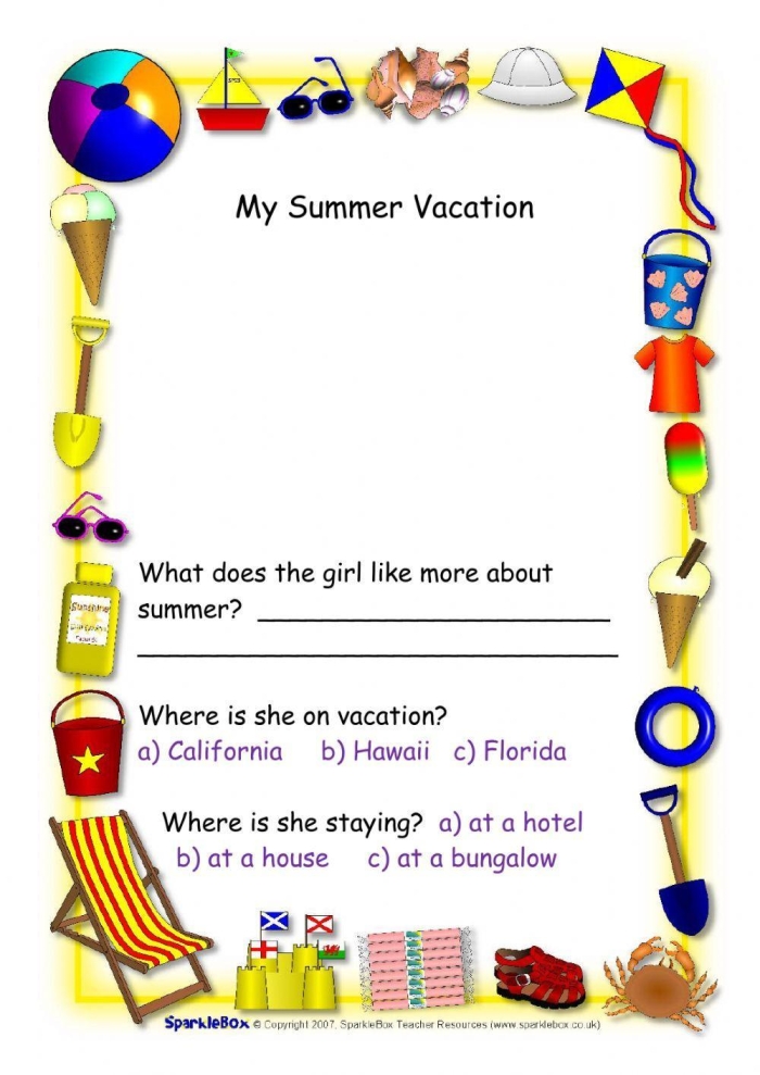 Paragraph frame activity for retelling a family camping trip in first grade multiplication practice First Grade Summer Vacation worksheet with paragraph frame to summarize a camping story