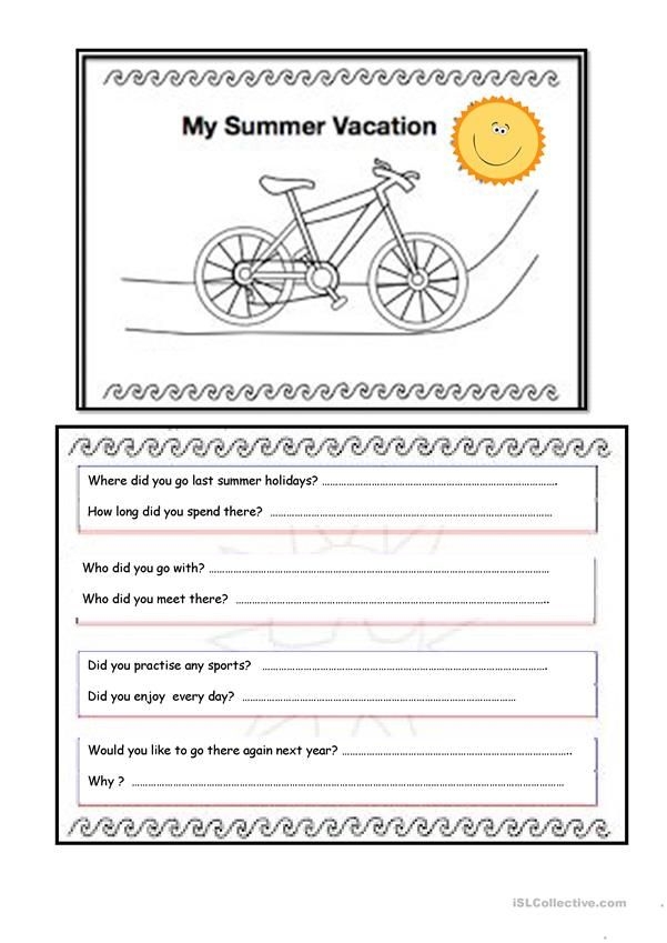 Summer Vacation worksheet focusing on retelling a family trip using paragraph frames First Grade worksheet with a paragraph frame to summarize a summer camping story