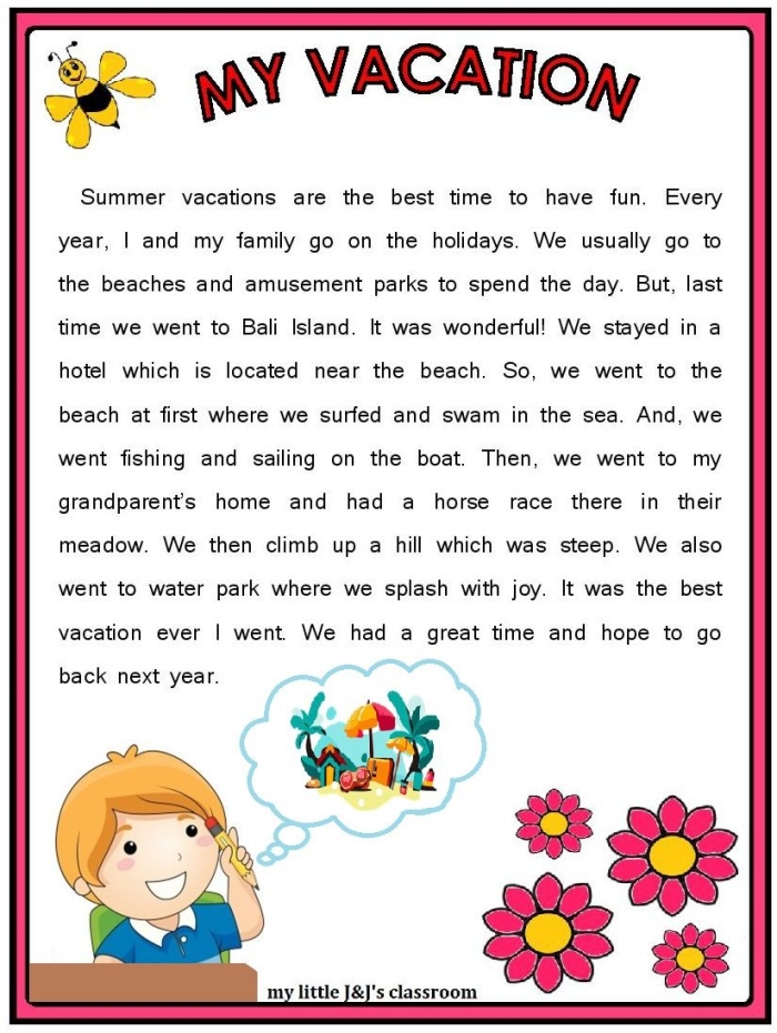 Worksheet image for summer camping trip story with fill-in-the-blank summary frame First Grade Summer Vacation worksheet with paragraph frame for story retelling