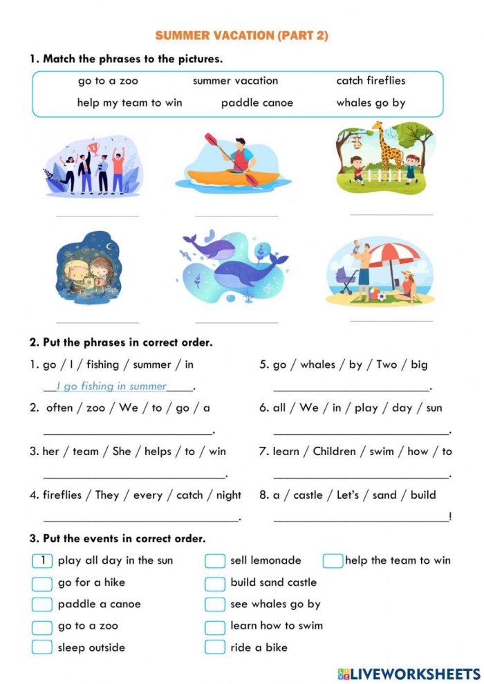 Summer Vacation worksheet helping students practice retelling with guided sentence frames First Grade multiplication worksheet featuring a paragraph frame to summarize a family's summer camping trip