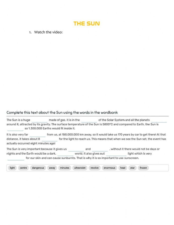 Sun-themed Learn About the Sun worksheet for grammar and mechanics, image 6 Kindergarten worksheet featuring a bright sun and simple facts about the sun for young learners