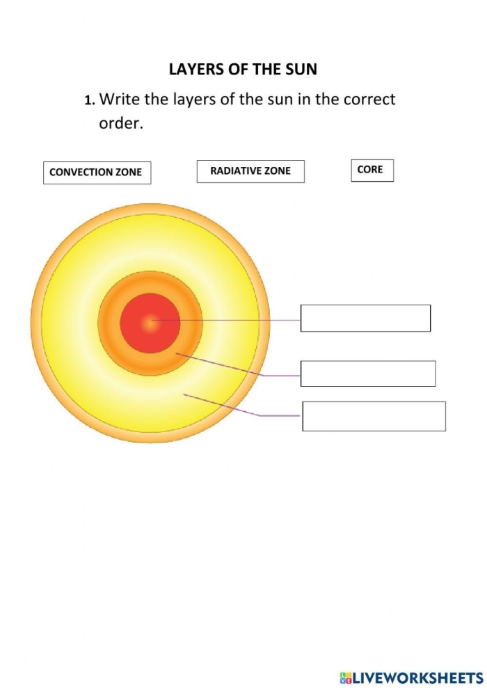 First Grade worksheet showing different layers of the sun with labels to fill in