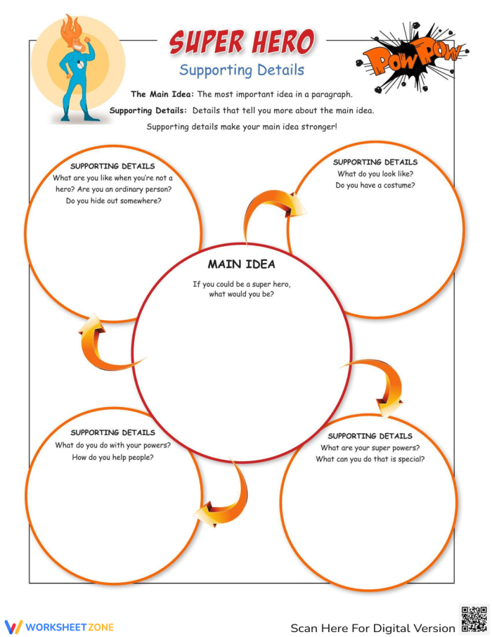 Engaging superhero-themed writing activity for second graders focusing on supporting details Second grader completing a Super Hero Supporting Details worksheet with colorful illustrations