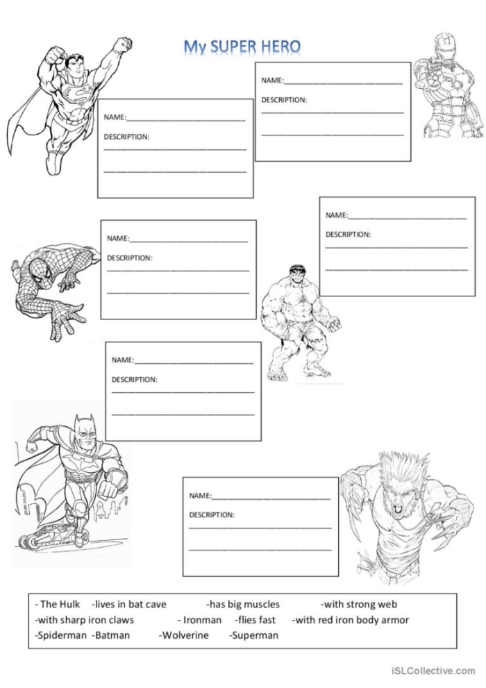 Engaging writing practice focused on main ideas and supporting details for young learners Second grade Super Hero Supporting Details worksheet with colorful superhero graphics