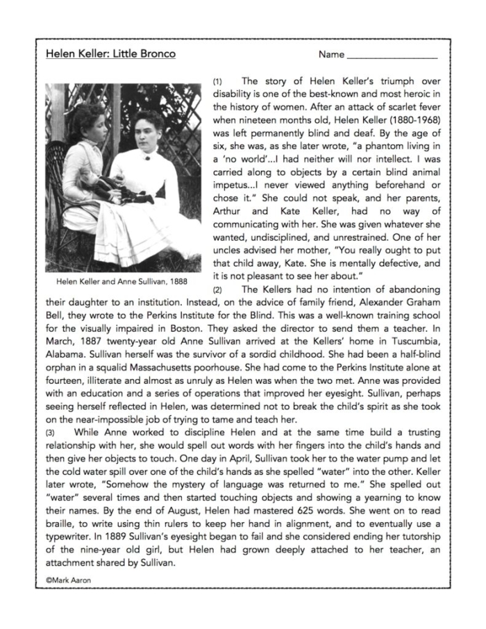Third grade worksheet on important supporting details featuring Helen Keller