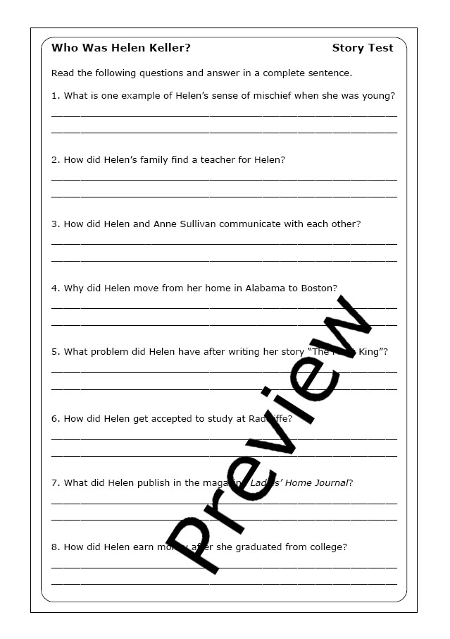 Third Grade worksheet on Important Supporting Details featuring Helen Keller for reading practice