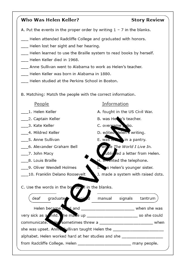 Third grade worksheet focusing on identifying key supporting details about Helen Keller