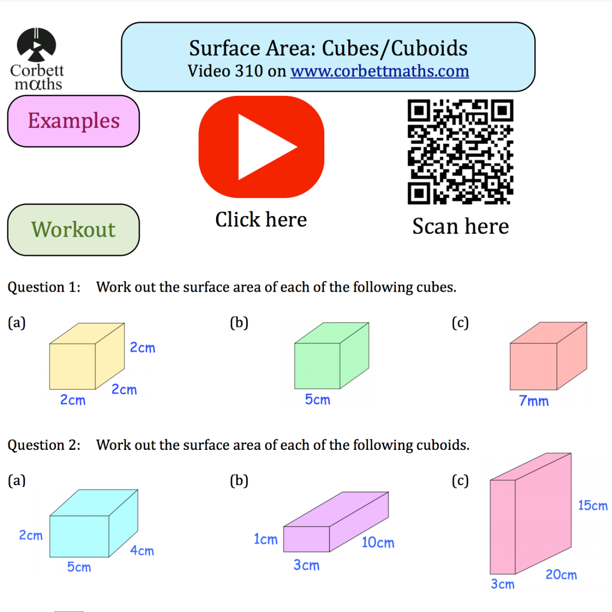 Find the Surface Area of a Cube worksheet for 5th graders to practice 3-D shapes Worksheet for calculating the surface area of a cube for sixth-grade geometry students