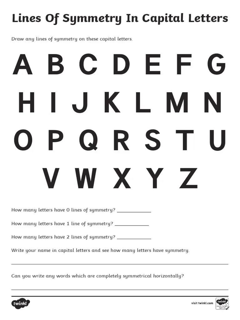 Third grade student completing an Alphabet Symmetry worksheet focusing on lines of symmetry in letters