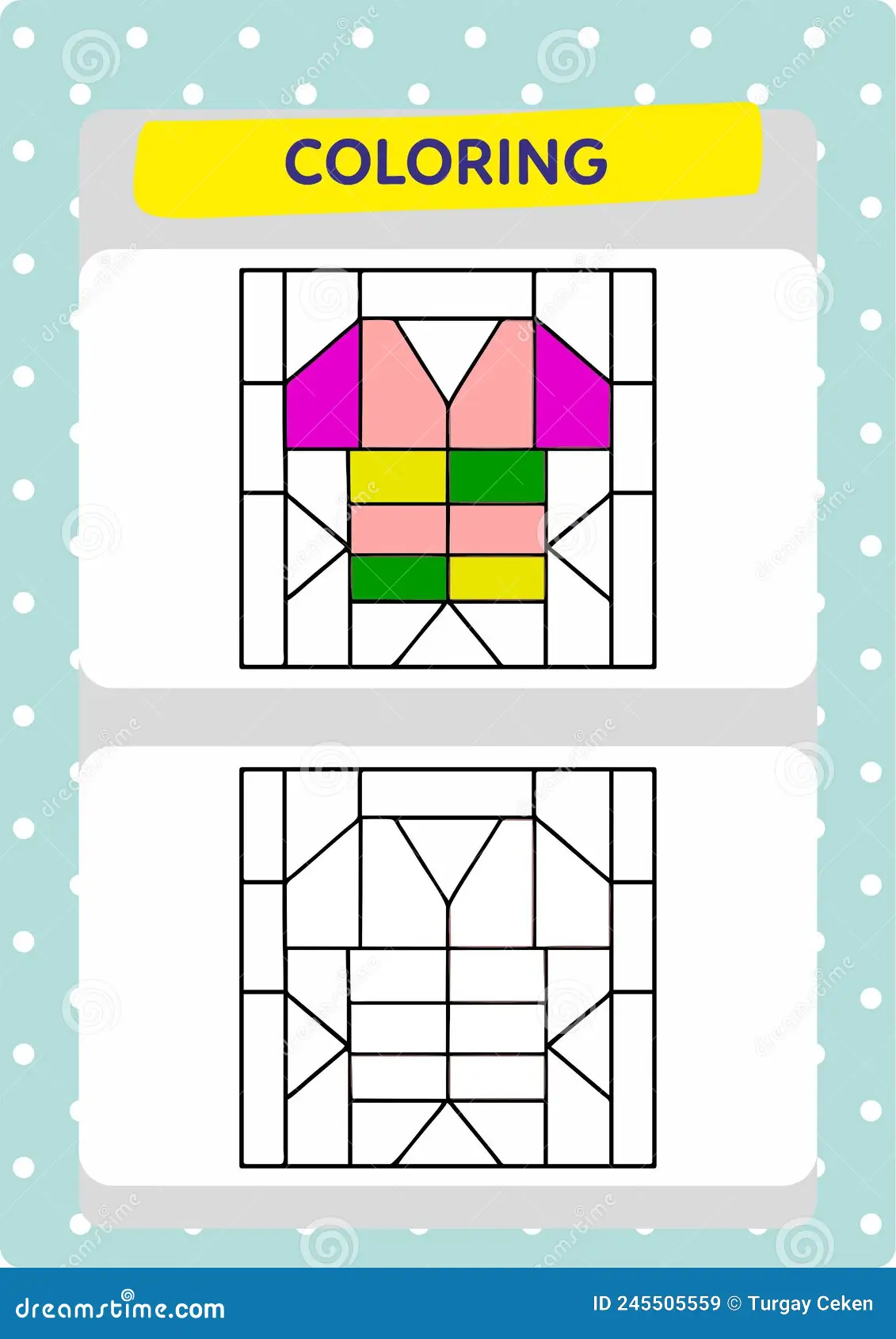 Kindergarten tangram worksheet focusing on coloring and fractions with geometric shapes