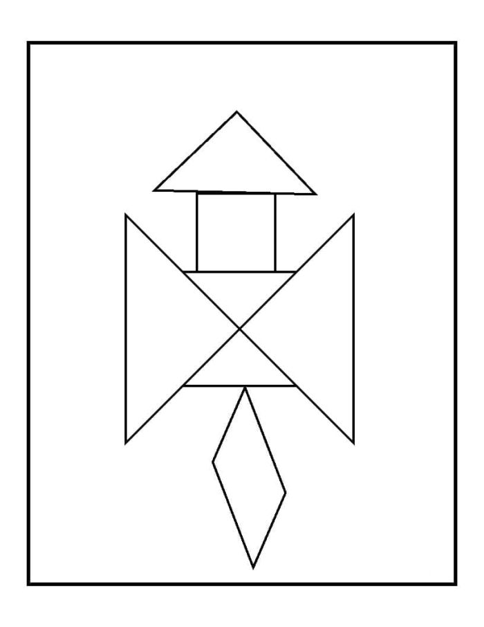 Kindergarten fractions worksheet featuring a colorful tangram template puzzle to enhance logic skills