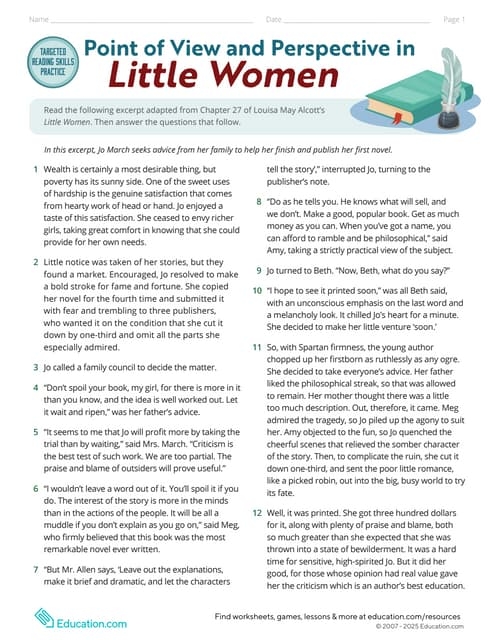 Worksheet for practicing plot development skills using Little Women excerpt