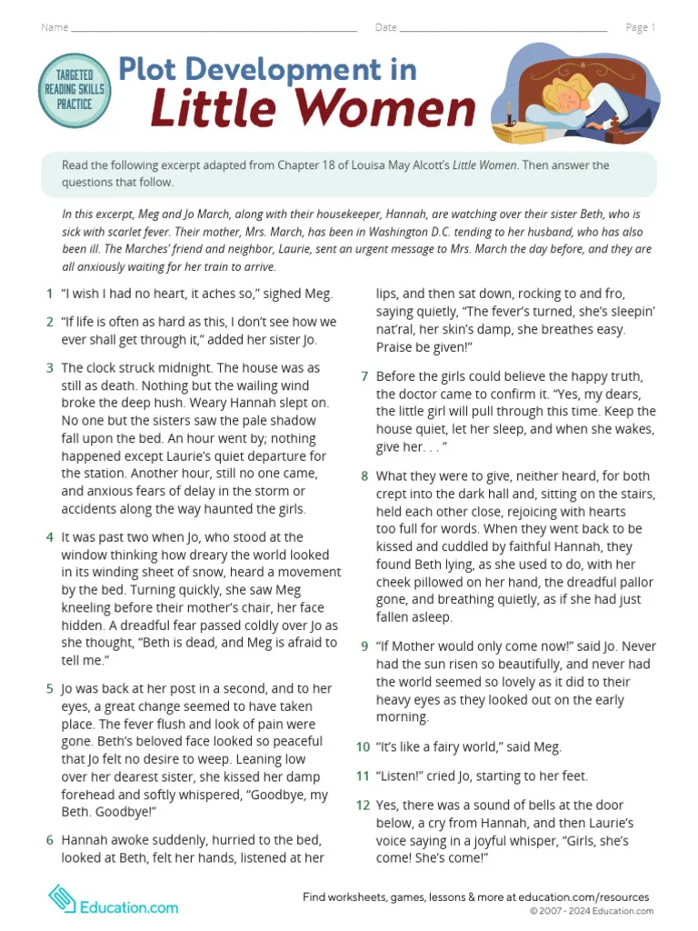 Worksheet for analyzing plot development in Little Women for eighth graders