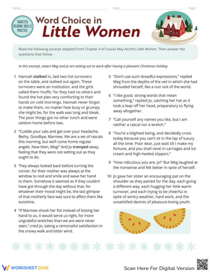 Targeted Reading Skills Practice worksheet focusing on plot development in Little Women for eighth graders